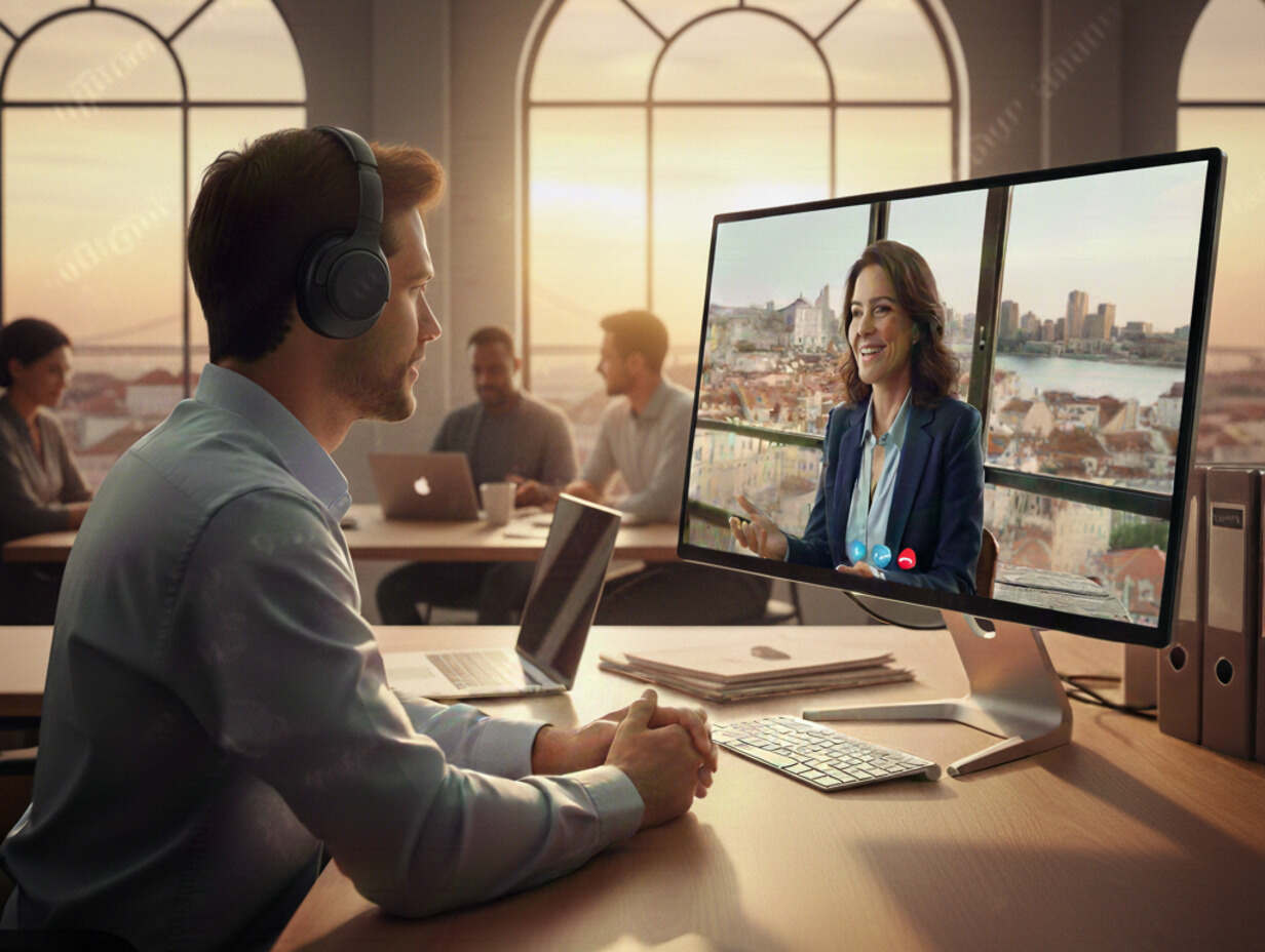Professional man with headphones video conferencing with a colleague in a bright, modern office.