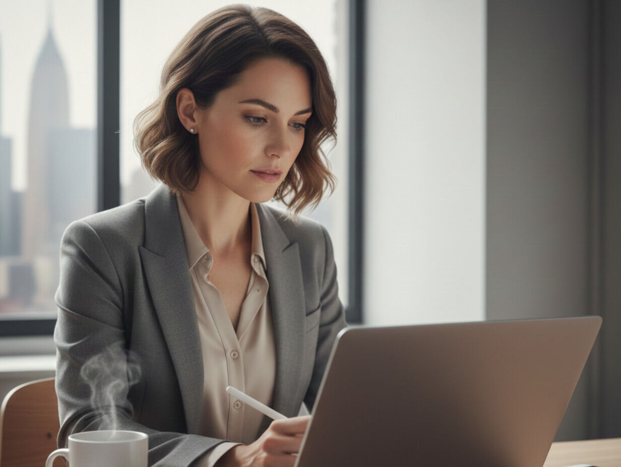 Professional woman in a gray blazer working on a laptop in a bright, modern office overlooking a city.