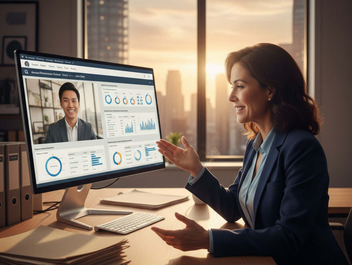 Businesswoman on a video conference, gesturing toward data charts on a computer screen at sunset.