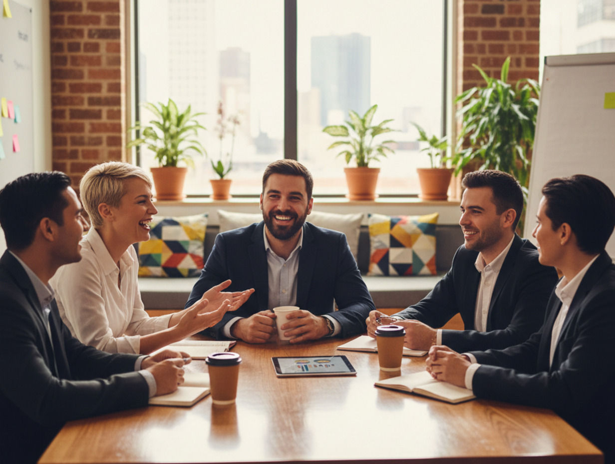 Five diverse colleagues in suits smile and talk around a conference table in a modern office with city views.