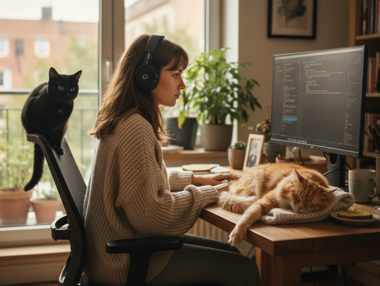 A woman with headphones codes on a desktop computer at home, with a black cat on her chair and a sleeping orange cat on her desk.