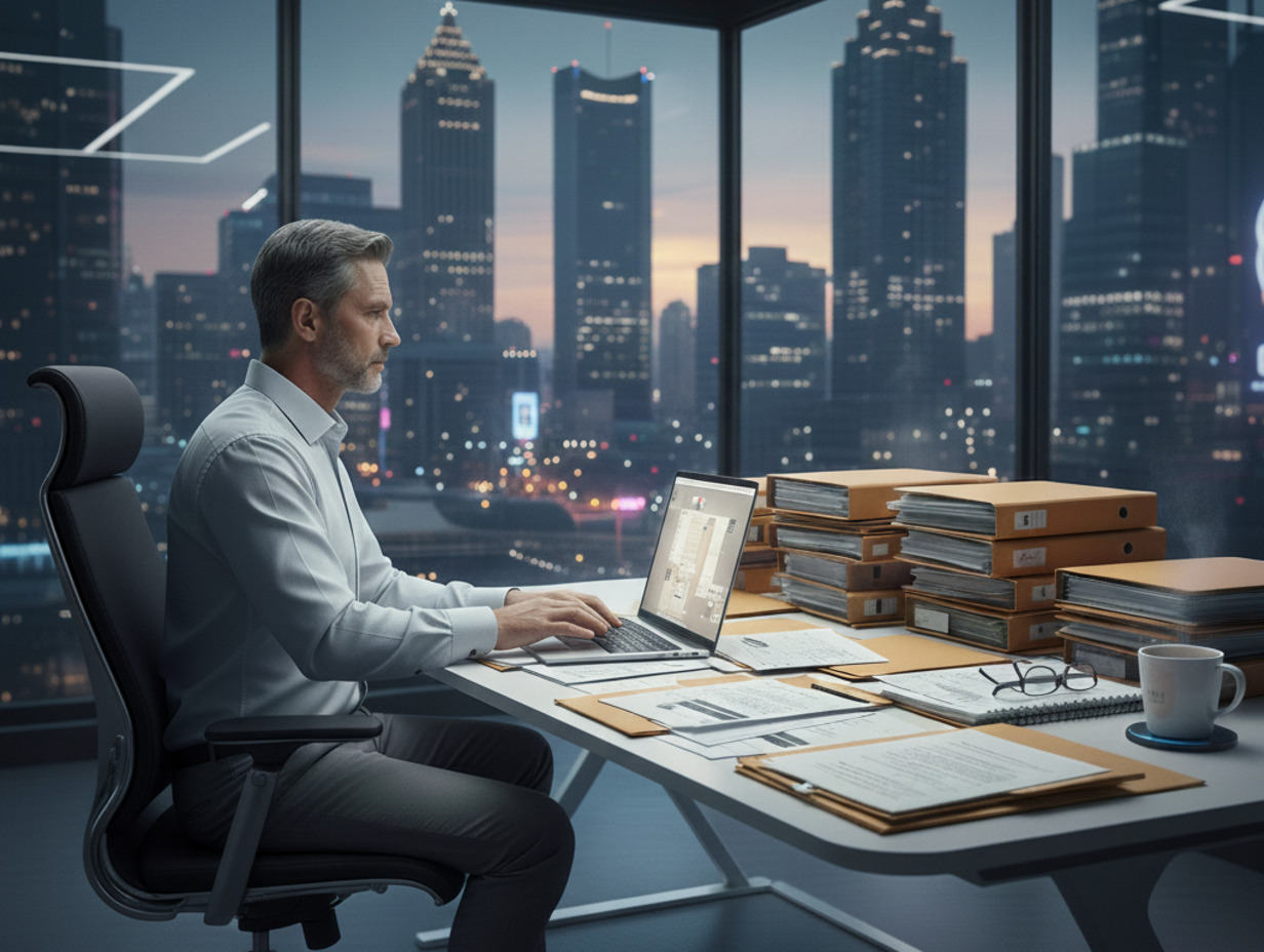 Man working late on a laptop at a desk stacked with folders, overlooking a city skyline at night.
