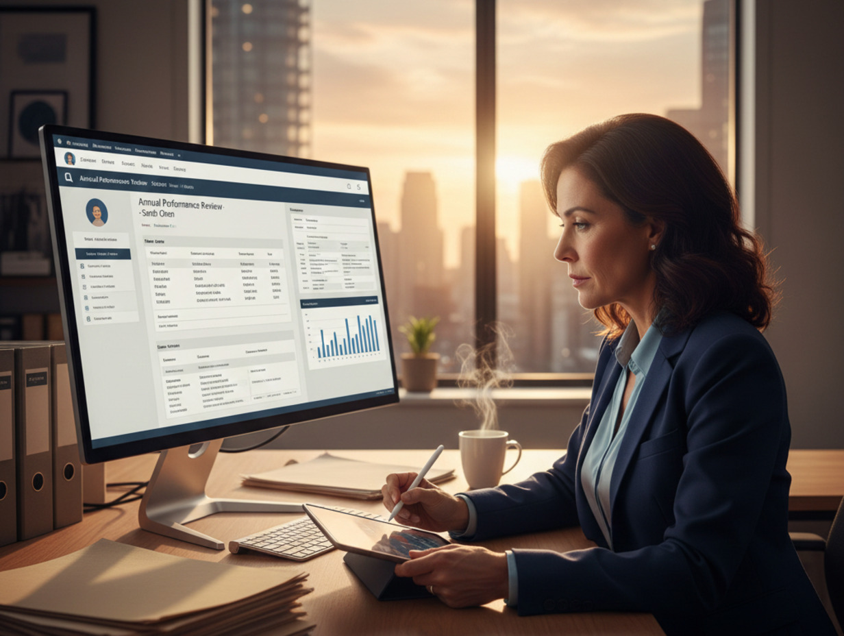 Woman in a dark business suit reviewing an "Annual Performance Review" on a desktop monitor and a tablet, with the sunset visible behind a city skyline in the background.