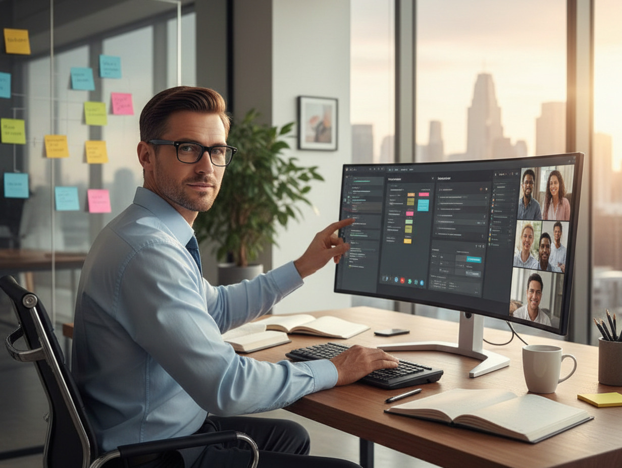 Man in a light blue dress shirt and glasses sitting at an office desk, pointing at a large monitor displaying a project management dashboard and a video conference with four colleagues, with a sticky note-covered glass wall and a city sunset view in the background.