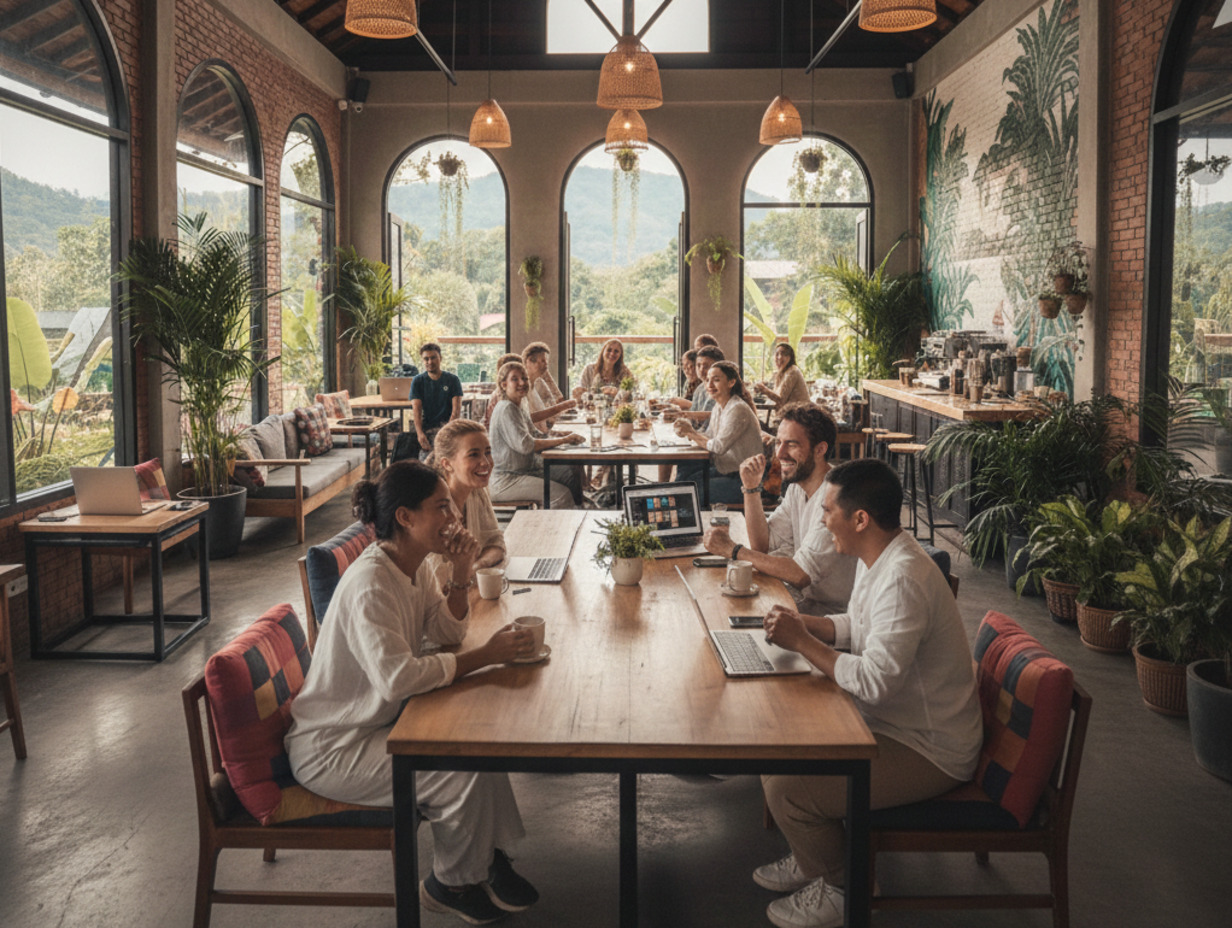 A group of smiling people in white clothes gather at wooden tables in a bright restaurant with large windows overlooking green mountains and lush plants.
