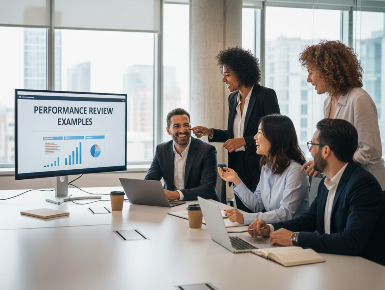 Woman with curly hair and a business suit sitting at a desk, enthusiastically talking during a video conference displayed on a large, curved monitor which also shows data dashboards and a male colleague, with a bright tropical view of palm trees and mountains outside the window.