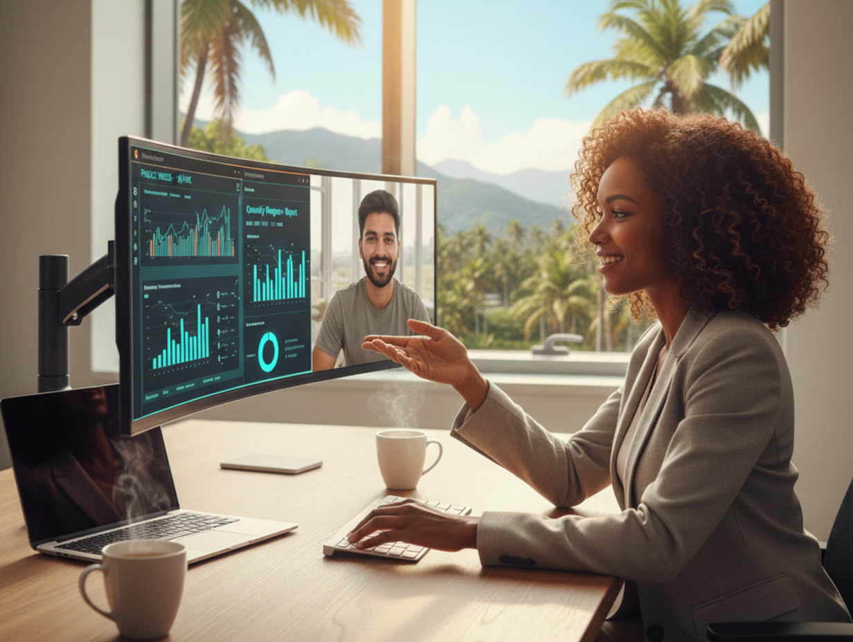Woman with curly hair in a business suit on a video call, smiling and gesturing towards a monitor showing business charts and a male colleague, with a sunny, tropical view of palm trees and mountains outside the window.
