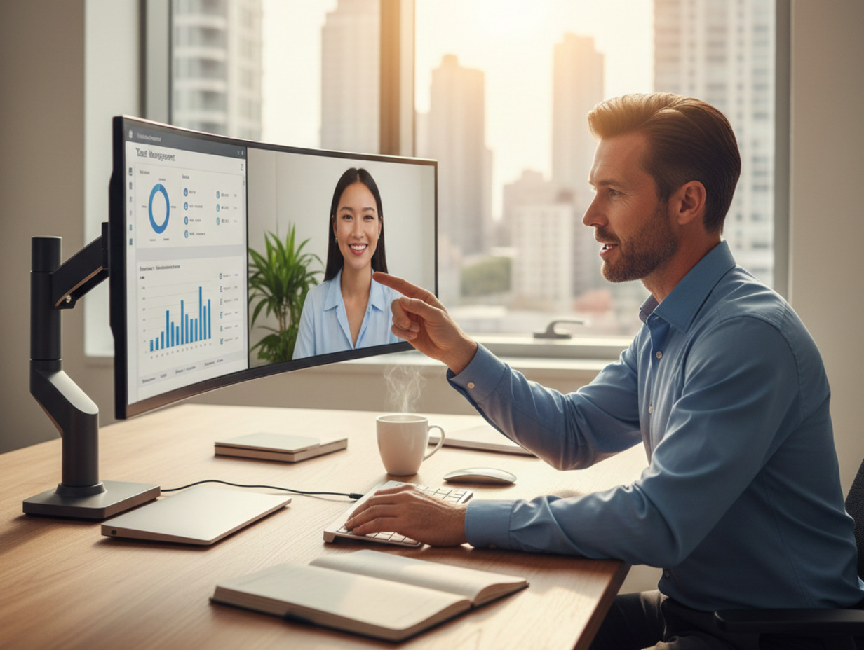 A smiling man in a blue shirt sits at a desk with a dual monitor setup, pointing at a business chart and a woman's face during a video call. The office has a large window overlooking a sunny city skyline.