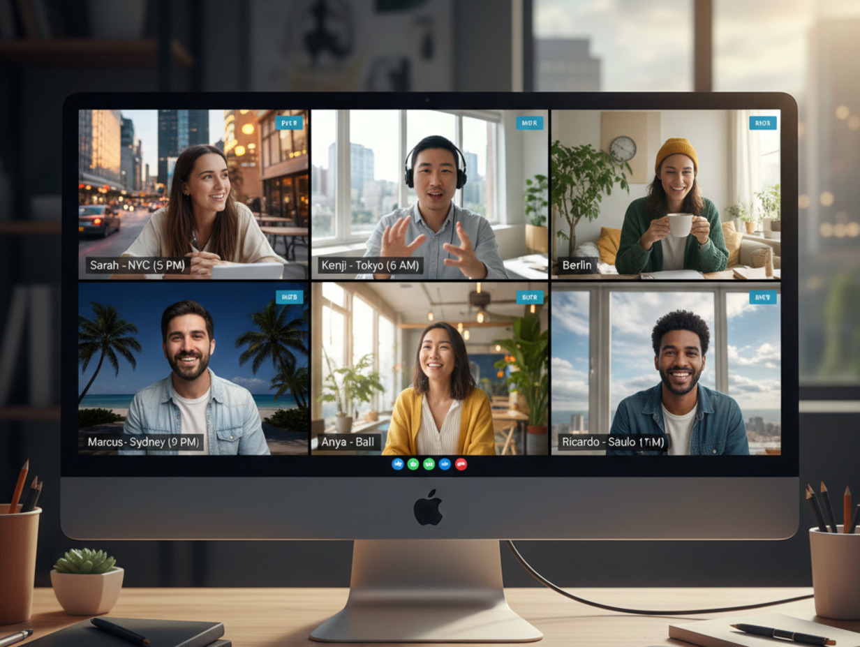 A monitor displays a six-person video conference call with participants from New York City, Tokyo, Berlin, Sydney, Bali, and Saulo at different local times, suggesting global remote teamwork.