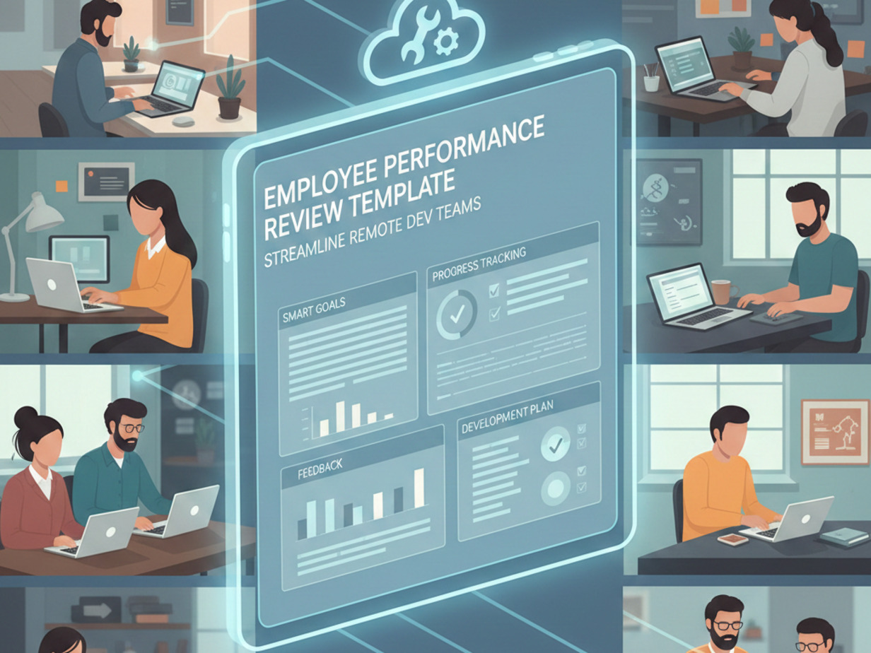 An illustration of a digital "Employee Performance Review Template" overlaying a grid of various remote professionals working on laptops in home offices.